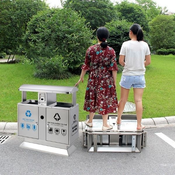 Thùng rác công viên inox 2 ngăn