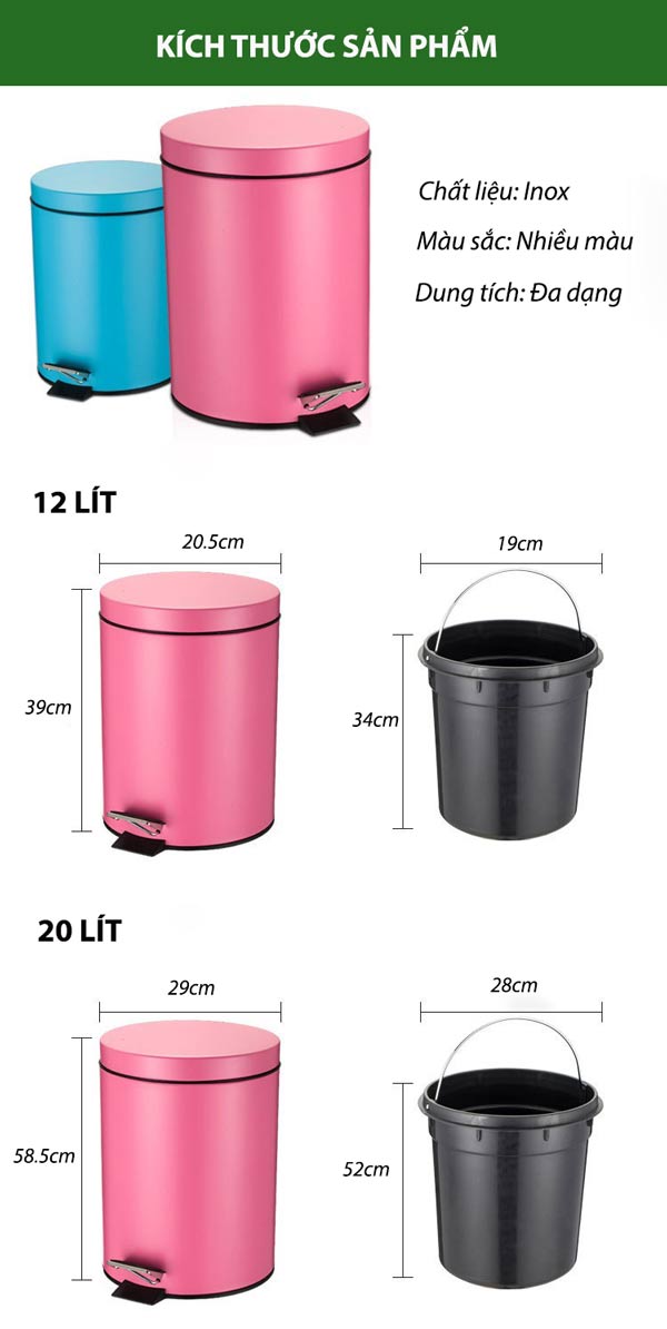 Tham khảo kích thước thùng rác đạp chân inox nhiều màu
