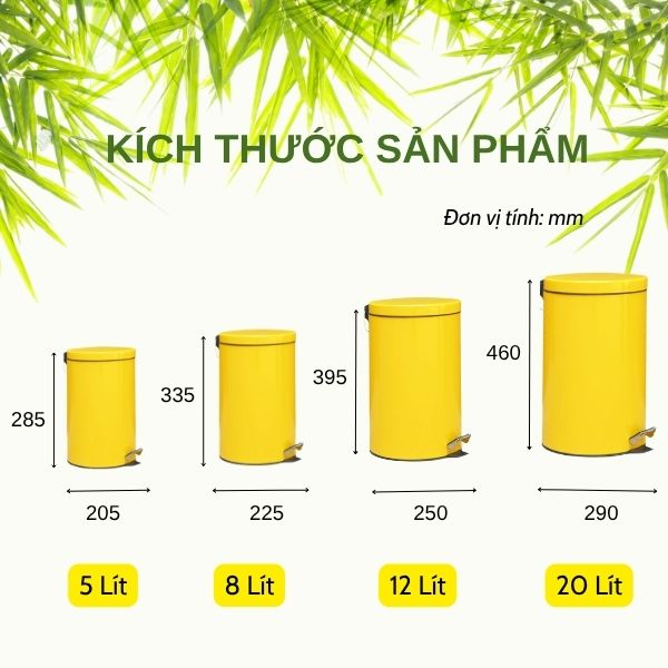 Kích thước cụ thể của từng loại thùng rác theo dung tích