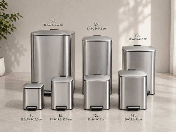 Thùng rác inox đạp chân vuông với nhiều dung tích