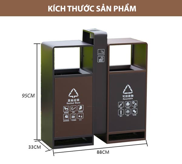 Chi tiết kích thước thùng rác 2 ngăn bằng thép đặt đường phố