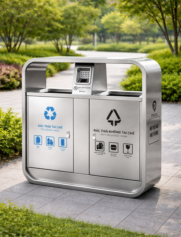 Thùng rác đường phố 2 ngăn inox