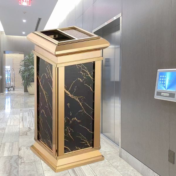 Thùng rác inox mạ vàng kết hợp giả đá đầy sang trọng