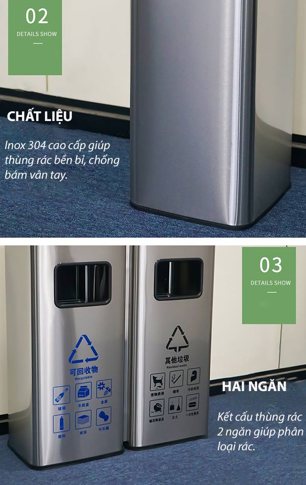 Cấu tạo thùng rác inox 2 ngăn có gạt tàn