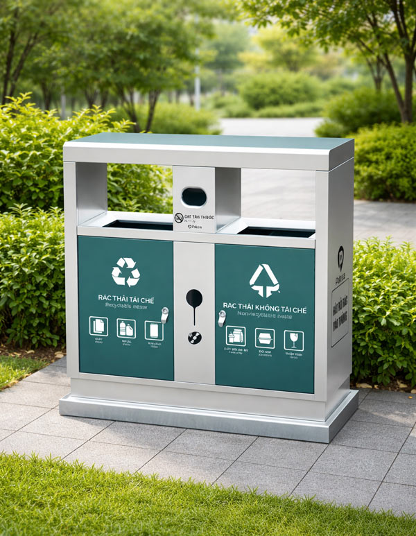 Thùng rác inox 2 ngăn có mái che