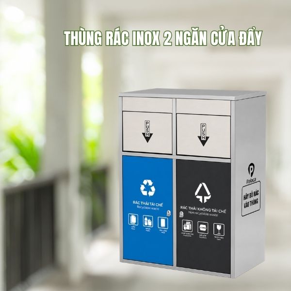 Mẫu thùng rác ngoài trời 2 ngăn bằng inox giúp phân loại rác