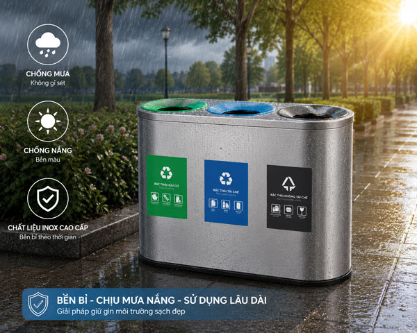 Thùng rác inox 3 ngăn không nắp