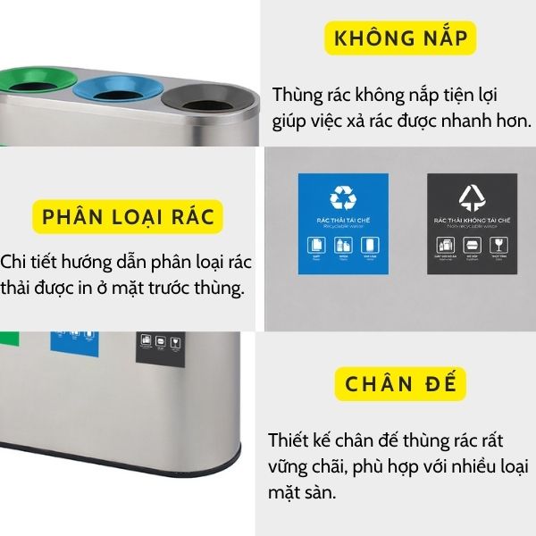Thùng rác inox 3 ngăn không nắp