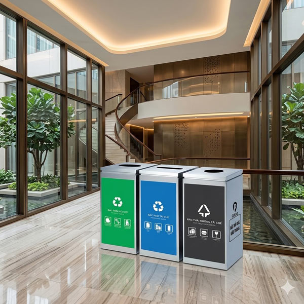 Thùng rác inox 3 ngăn ngoài trời