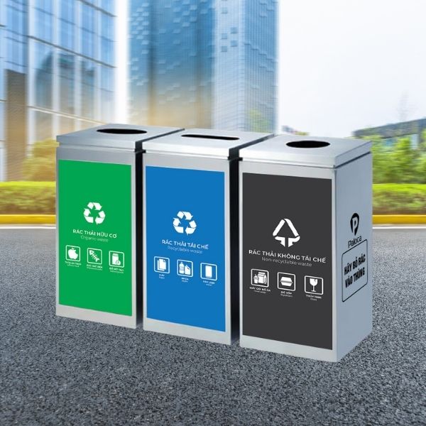 Thùng rác inox 3 ngăn ngoài trời