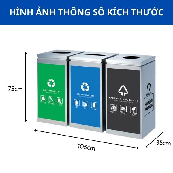 Thùng rác inox 3 ngăn ngoài trời