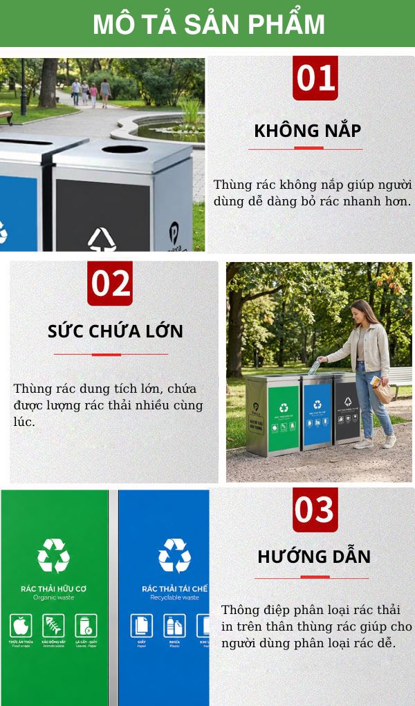 Thùng rác inox 3 ngăn ngoài trời