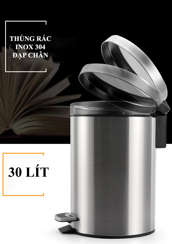 Thùng rác inox 304 đạp chân tròn 30L