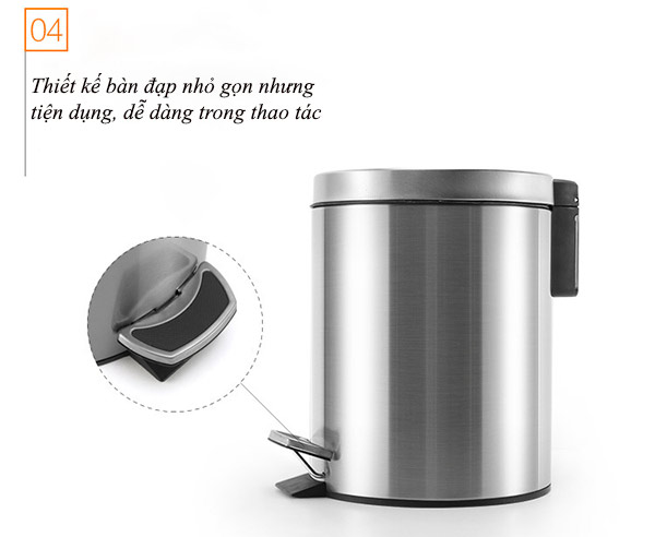 Thùng rác inox 304 đạp chân tròn 5L