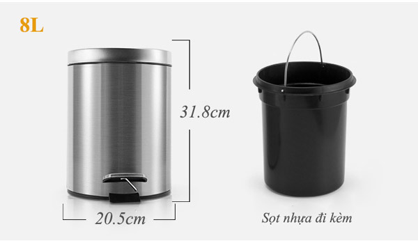 Thùng rác inox 304 đạp chân tròn 8L