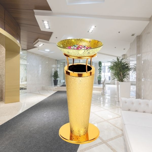 Mẫu thùng rác trụ tròn thân inox bọc giả có khay thủy tinh trang trí