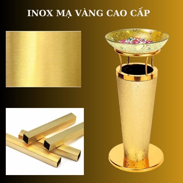 Kết cấu bên trong thùng rác bằng inox vàng bền và sang trọng