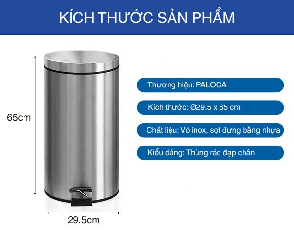 Kích thước chi tiết của thùng rác inox 30l nắp đạp chân