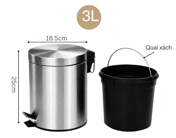 Chi tiết kích thước của thùng rác inox 3L