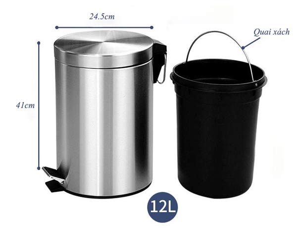 Kích thước chi tiết của thùng rác inox đạp chân 12L chính hãng Paloca