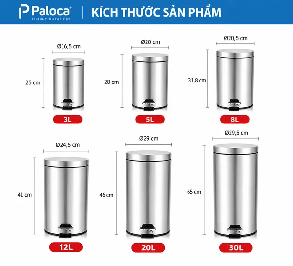 Kích thước cụ thể các mẫu thùng rác inox tròn đạp chân