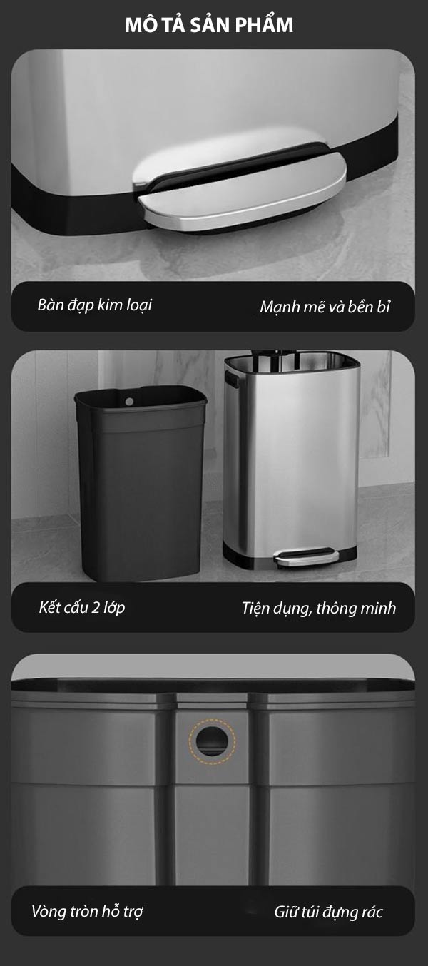 Thùng rác inox đạp chân vuông 12L