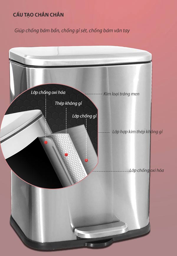 Thùng rác inox đạp chân vuông 12L