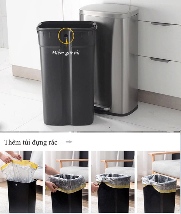 Thùng rác inox đạp chân vuông 16L