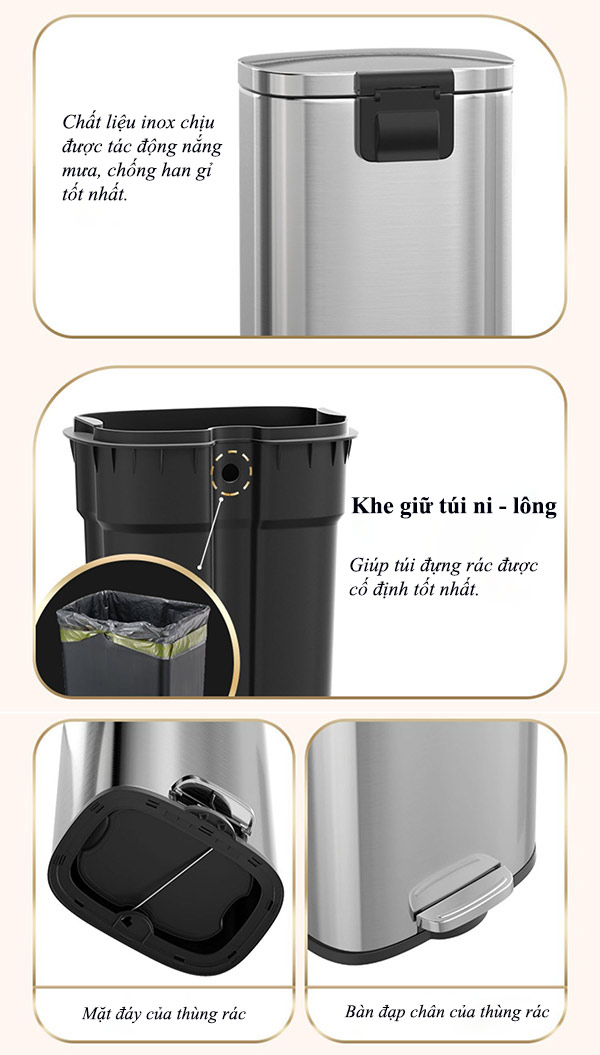 Thùng rác inox đạp chân vuông 16L
