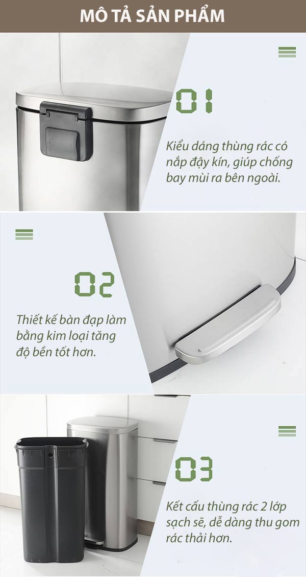 Thùng rác inox đạp chân vuông 20L