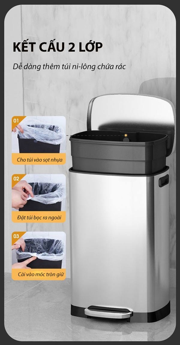 Thùng rác inox đạp chân vuông 30L