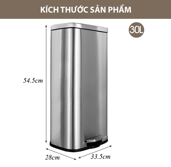 Chi tiết kích thước thùng rác inox 30L đạp chân