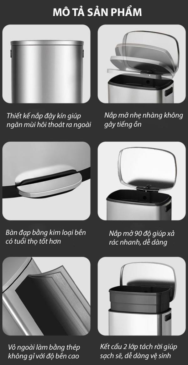 Thùng rác inox đạp chân vuông 50L