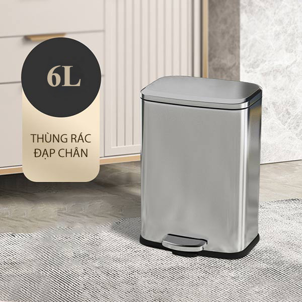 Thùng rác inox đạp chân vuông 6L