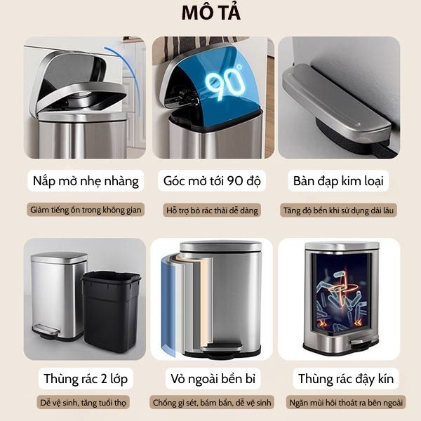 thùng rác inox vuông đạp chân 8 lít