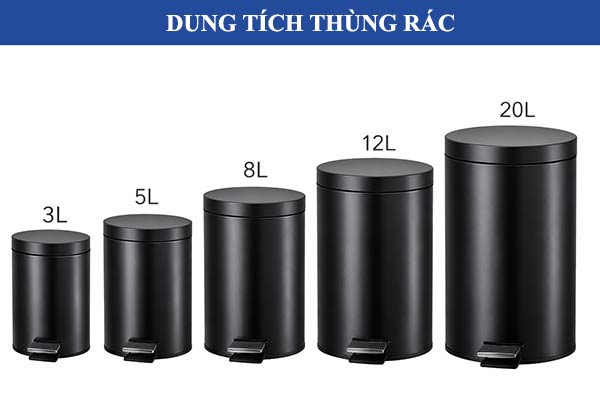 Các loại dung tích thùng rác inox đen kiểu dáng đạp chân