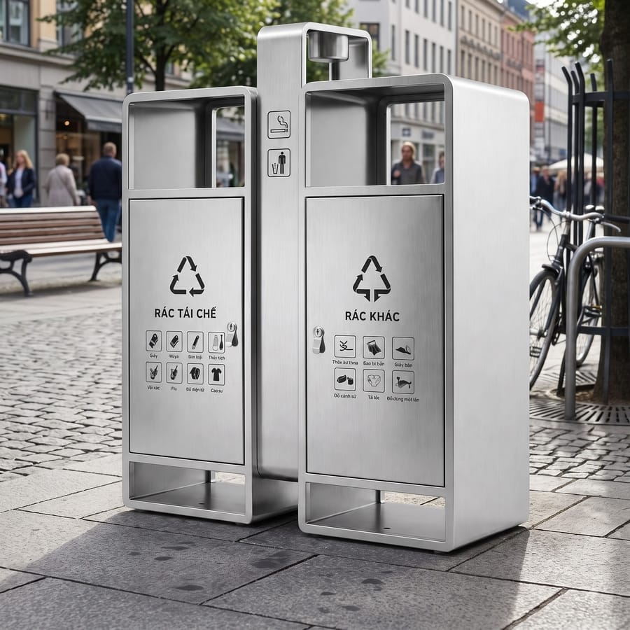 Thùng rác inox đôi loại có gạt tàn