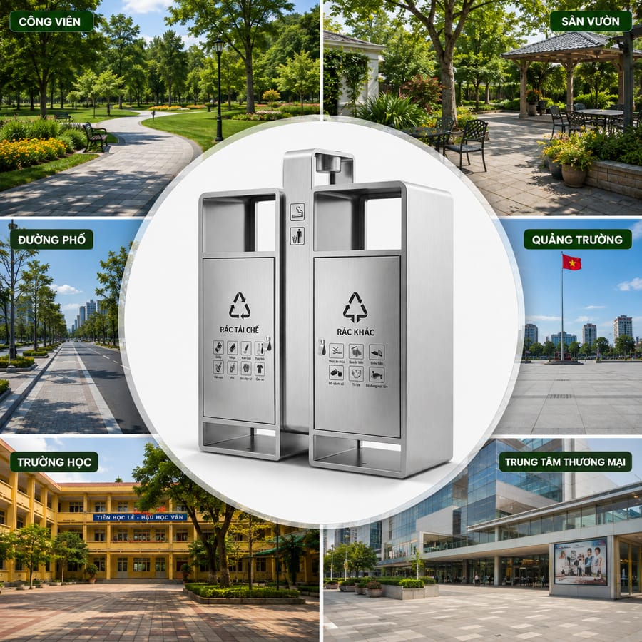 Thùng rác inox dành cho không gian ngoài trời