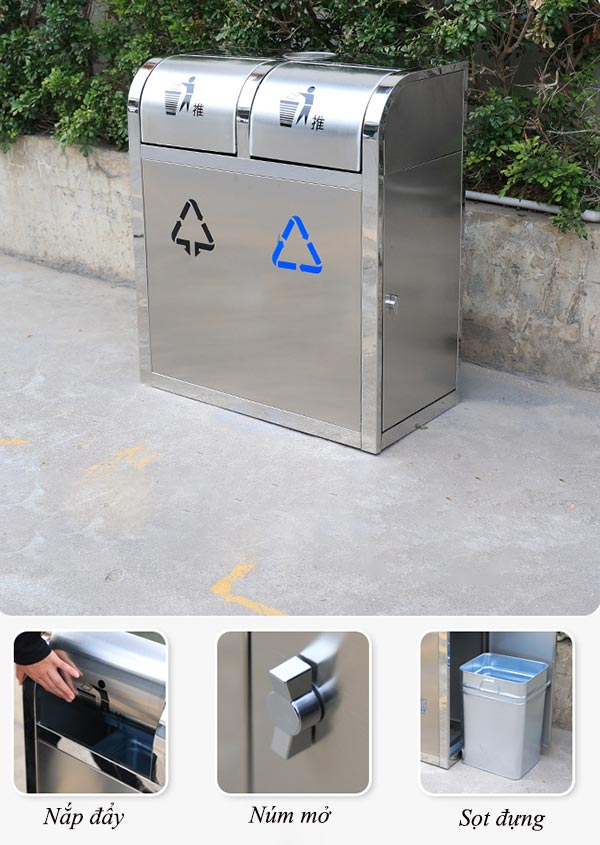 Thùng rác inox nắp đẩy 2 ngăn