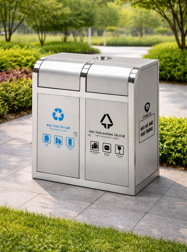 Thùng rác inox nắp đẩy 2 ngăn
