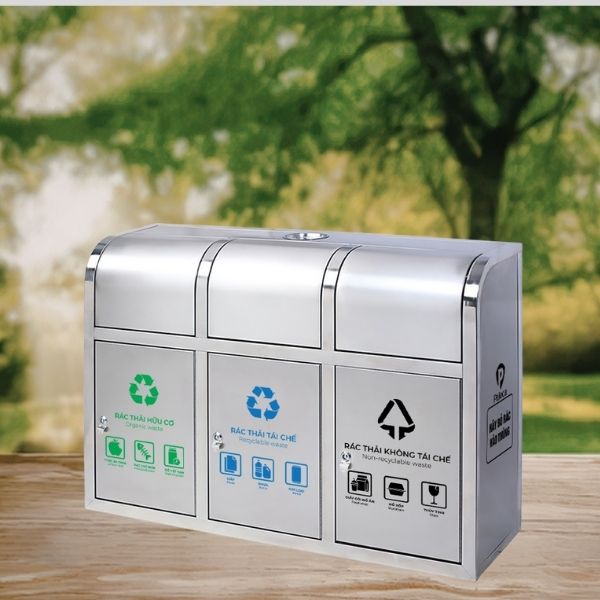 Thùng rác inox nắp đẩy 3 ngăn