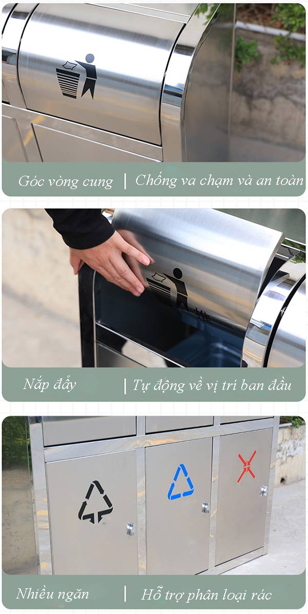 Chi tiết các đặc điểm của Thùng rác inox nắp đẩy 3 ngăn