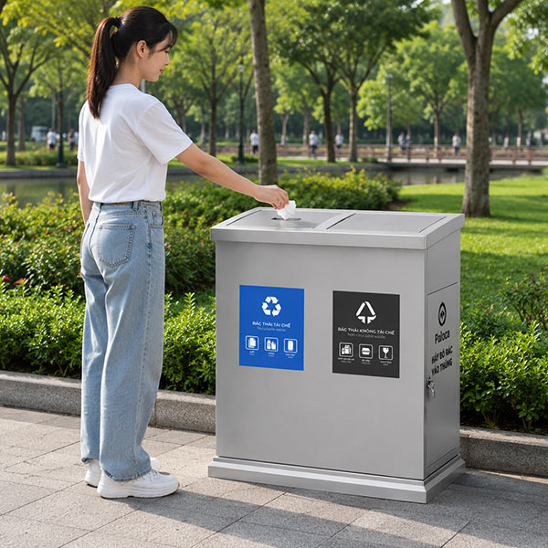 Thùng rác inox nắp lật 2 ngăn