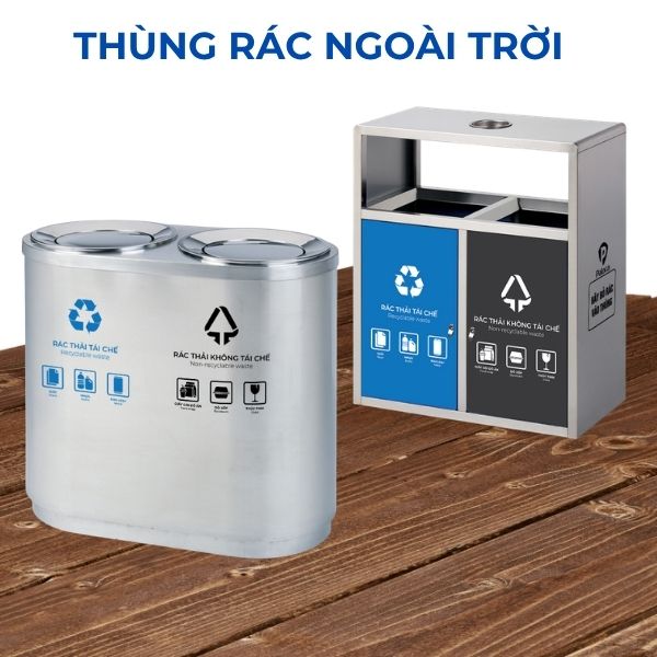 Thùng rác inox nắp lật phân loại 2 ngăn