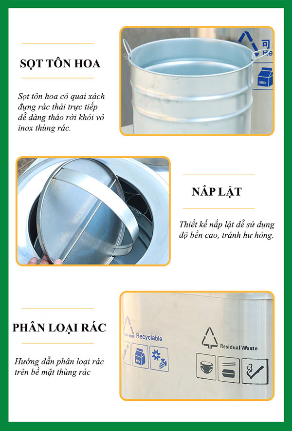 Thùng rác inox nắp lật phân loại 2 ngăn