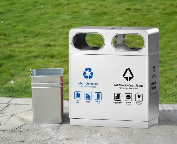 Thùng rác inox ngoài trời có gạt tàn