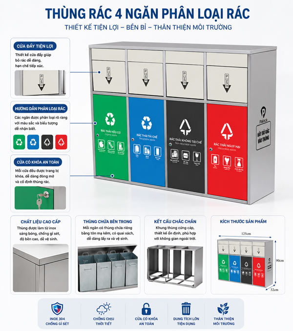 Thùng rác inox nhiều ngăn cửa đẩy