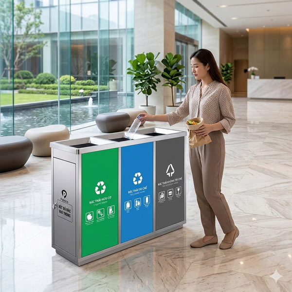 Thùng rác inox phân loại 3 ngăn