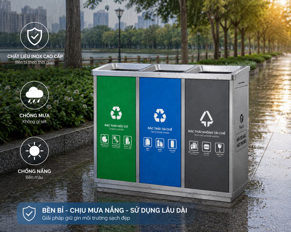 Thùng rác inox phân loại 3 ngăn