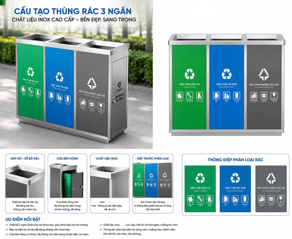 Chi tiết các bộ phận cấu thành Thùng rác inox phân loại 3 ngăn
